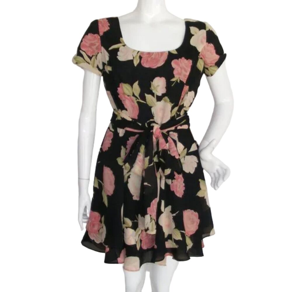 HAMPTON NITES Dress & Scarf Set, 10, Black/Pink Floral, Chiffon, Layered hem,